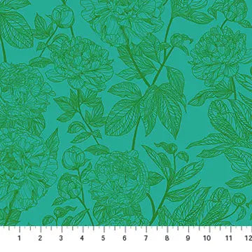 Green Peonies Indelible by Anna Maria for Northcott Cotton 44"/45" Fabric Per Yard - Prismatic Fiber Arts