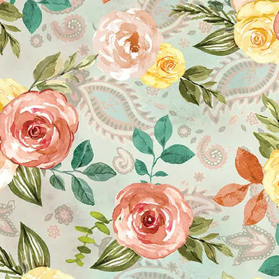 Green Seafoam Country Time Roses Cotton Wideback Fabric per yard - Prismatic Fiber Arts
