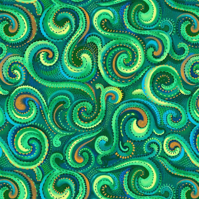 Green Whirlwind Swirl Cotton Wideback Fabric per yard - Prismatic Fiber Arts