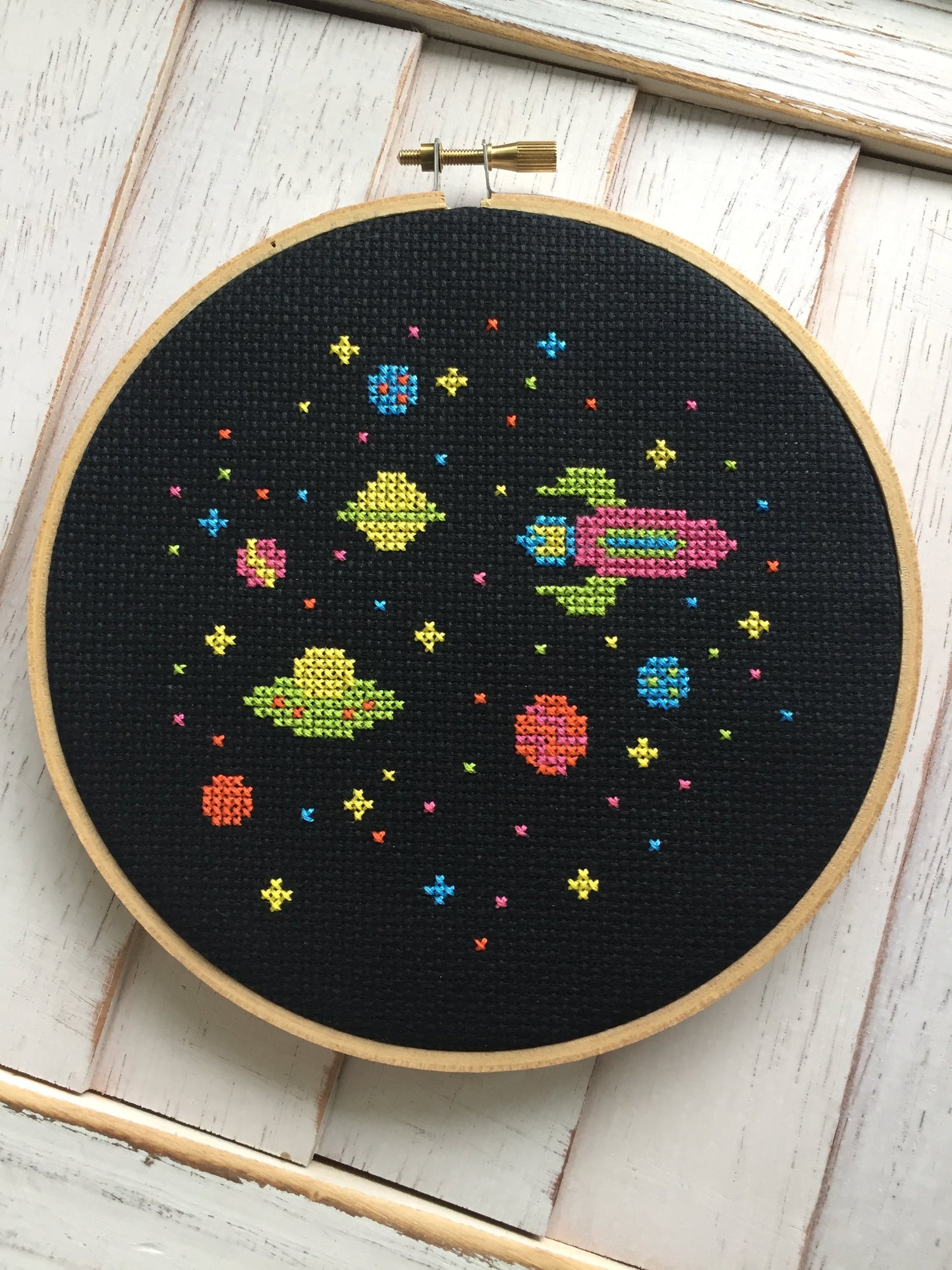 Outer Space Aliens Spaceship Counted Cross Stitch DIY KIT Beginner - Prismatic Fiber Arts