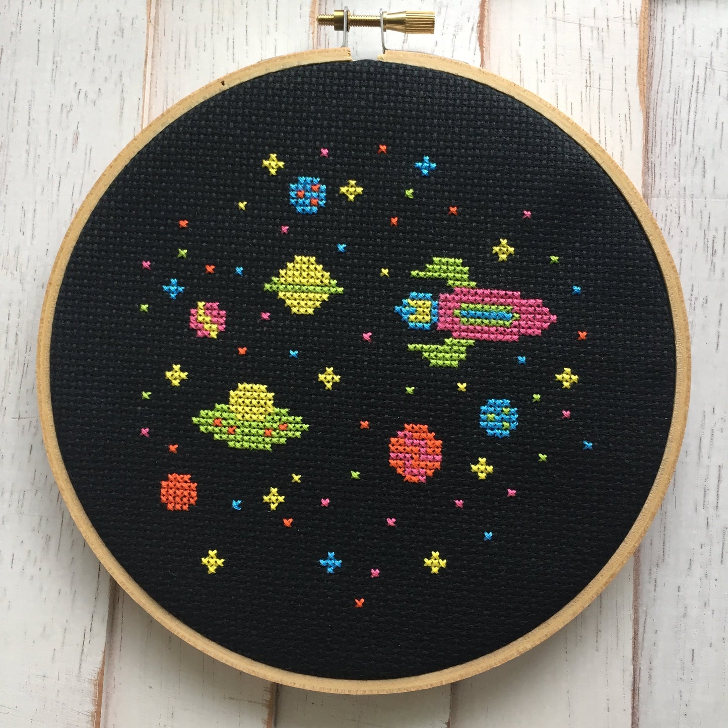 Outer Space Aliens Spaceship Counted Cross Stitch DIY KIT Beginner - Prismatic Fiber Arts