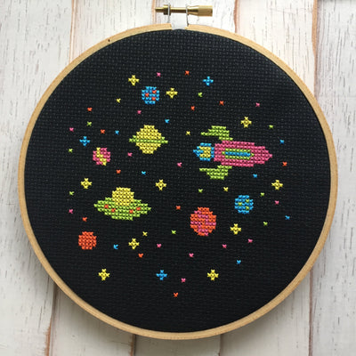 Outer Space Aliens Spaceship Counted Cross Stitch DIY KIT Beginner - Prismatic Fiber Arts