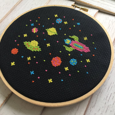 Outer Space Aliens Spaceship Counted Cross Stitch DIY KIT Beginner - Prismatic Fiber Arts