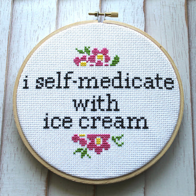 I Self-Medicate With Ice Cream Counted Cross Stitch DIY KIT Intermediate - Prismatic Fiber Arts