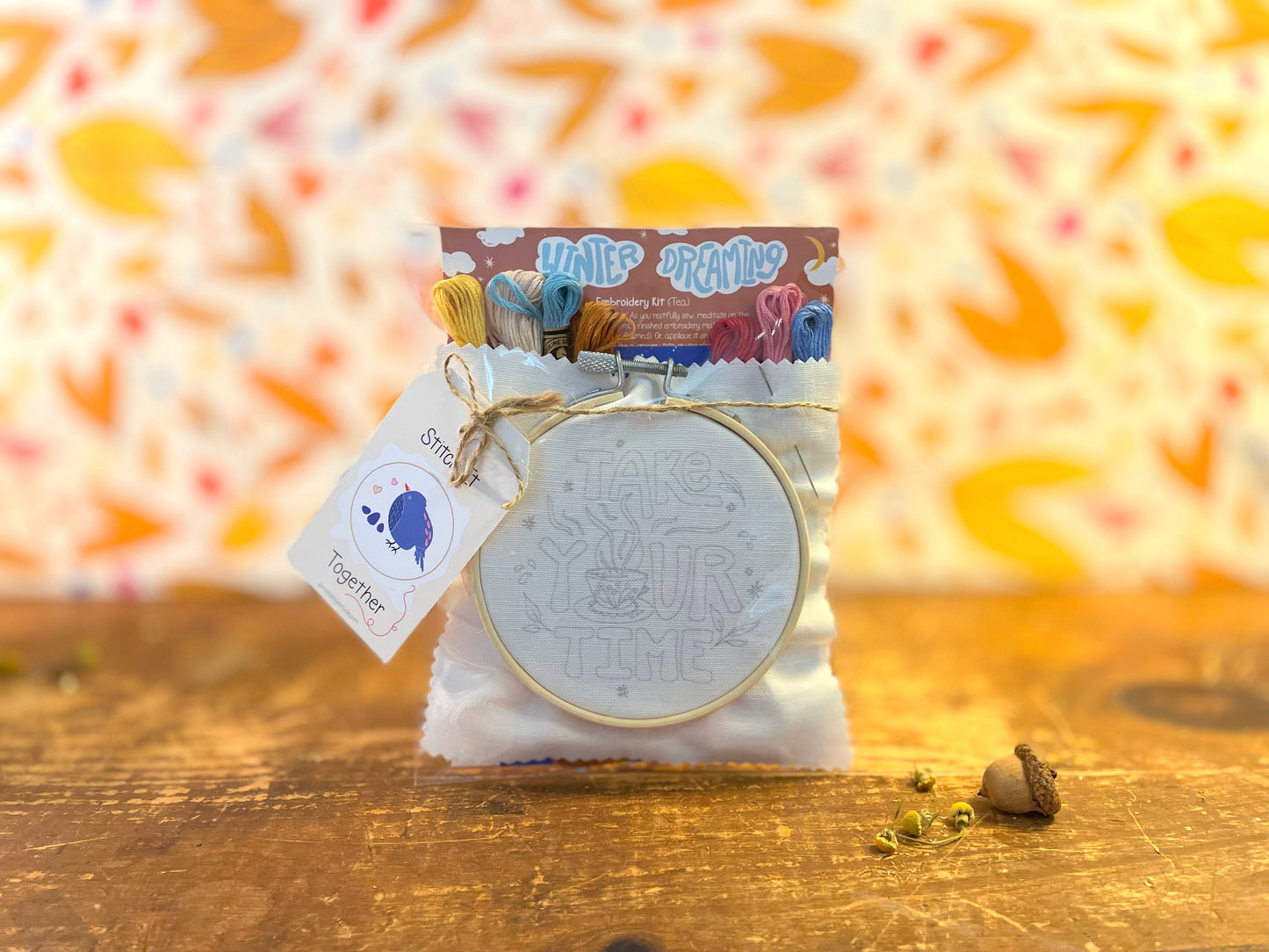 "Take Your Time" Eco-Embroidery Kit w. Tea Time Pattern (Joyful Threads Winter Dreaming) - Prismatic Fiber Arts