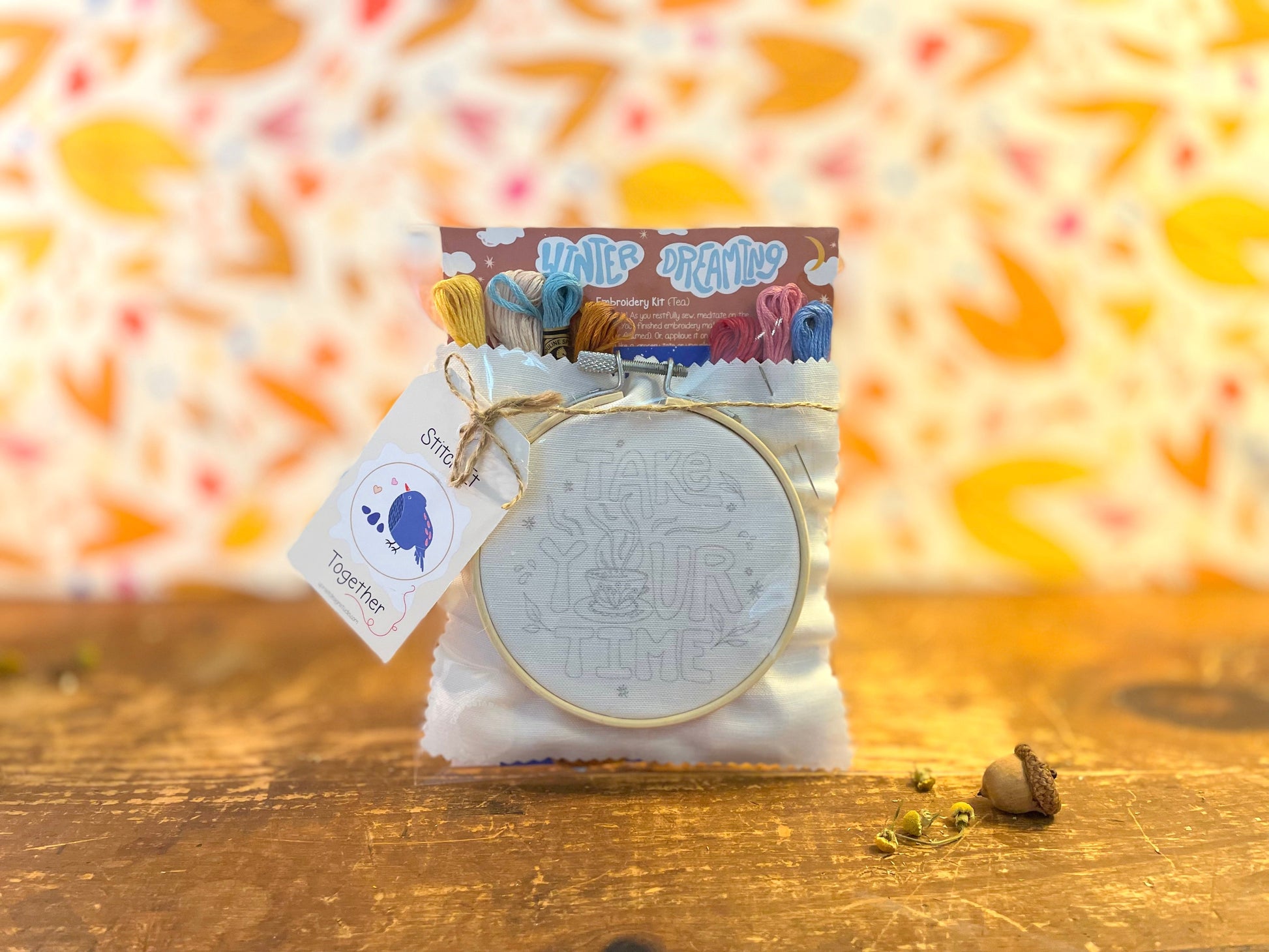 "Take Your Time" Eco-Embroidery Kit w. Tea Time Pattern (Joyful Threads Winter Dreaming) - Prismatic Fiber Arts