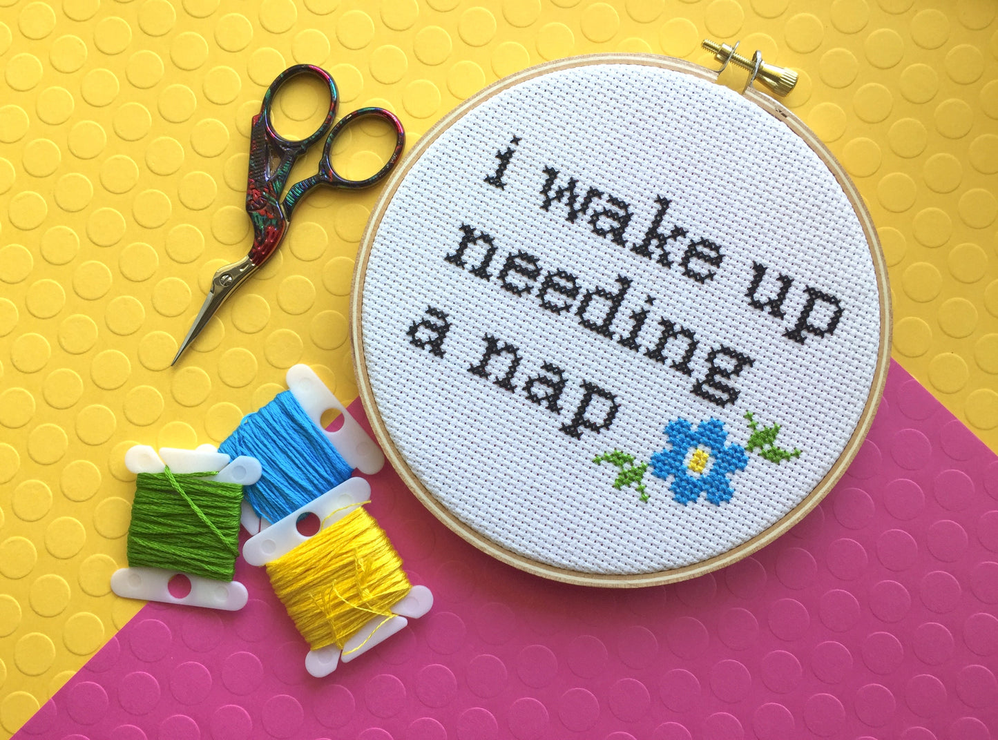 Wake Up Needing a Nap Counted Cross Stitch DIY KIT Intermediate - Prismatic Fiber Arts