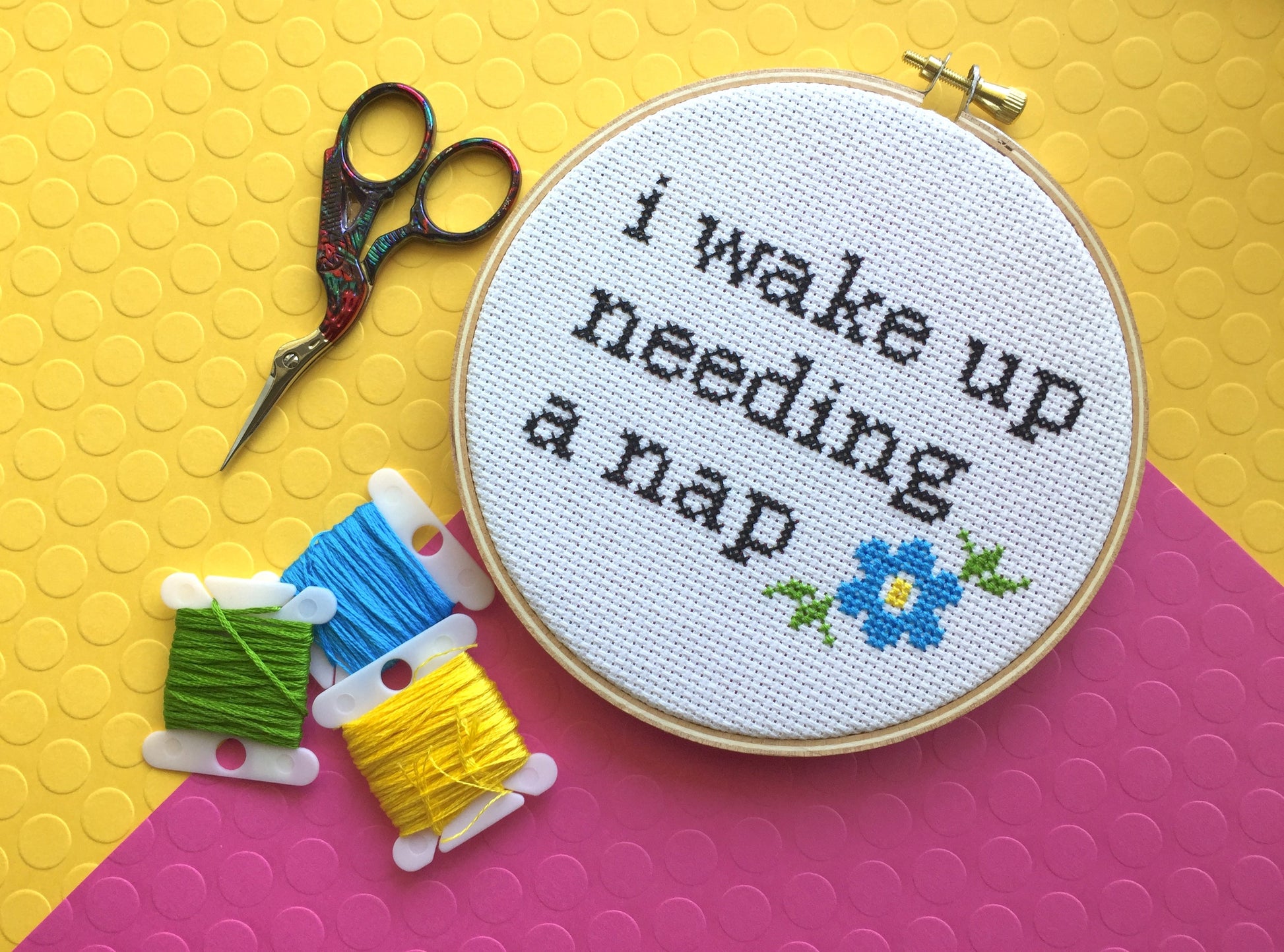 Wake Up Needing a Nap Counted Cross Stitch DIY KIT Intermediate - Prismatic Fiber Arts