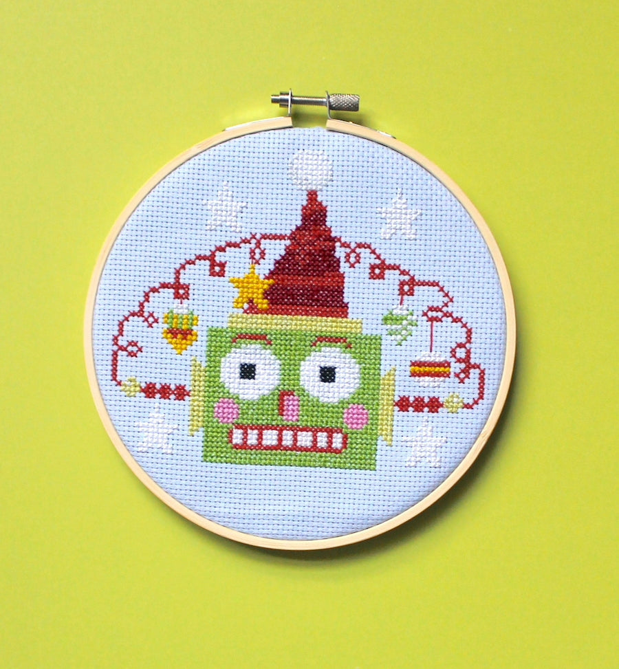 Green Christmasbot by Mary Engelbreit Counted Cross Stitch DIY KIT - Prismatic Fiber Arts