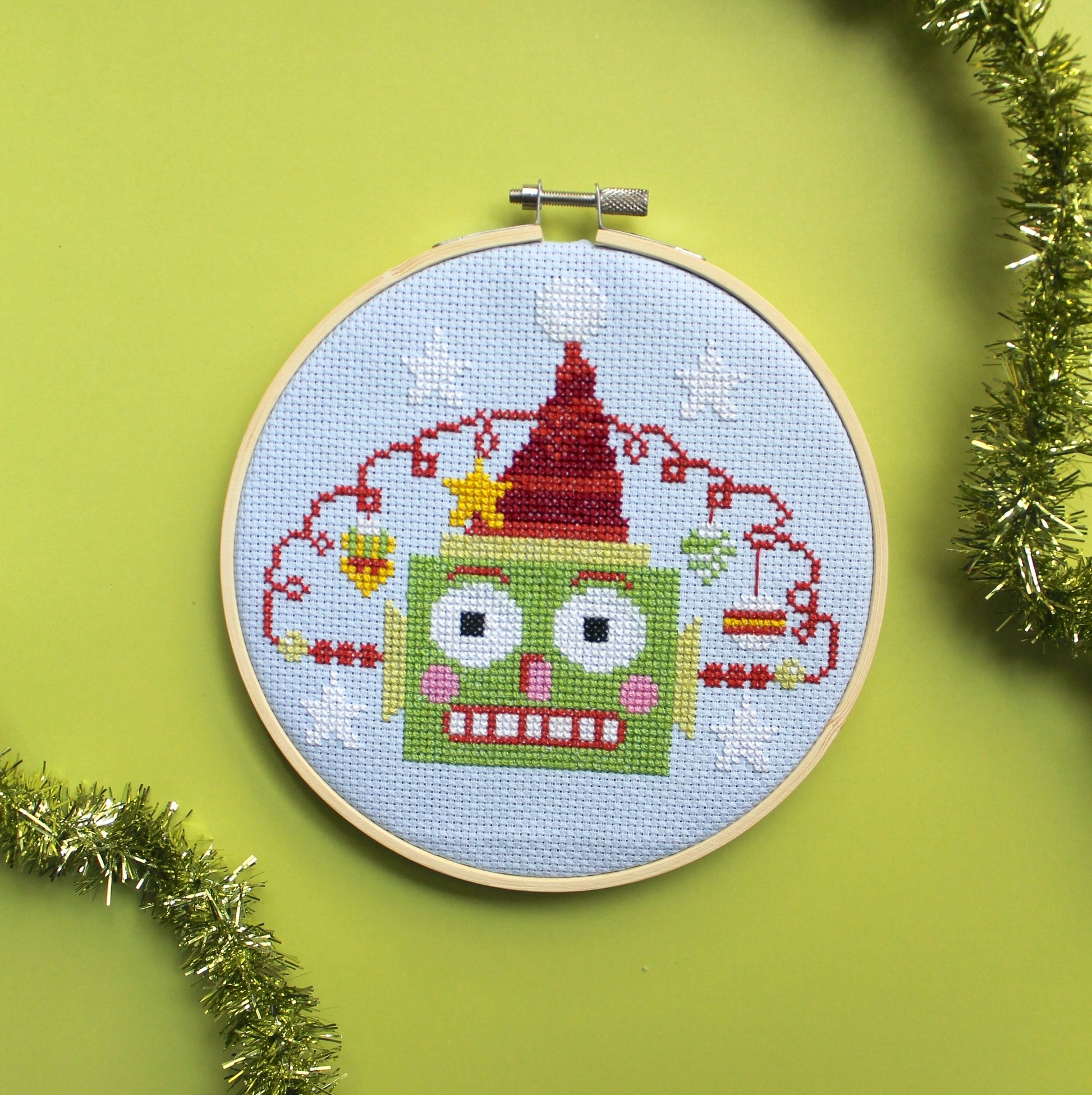Green Christmasbot by Mary Engelbreit Counted Cross Stitch DIY KIT - Prismatic Fiber Arts