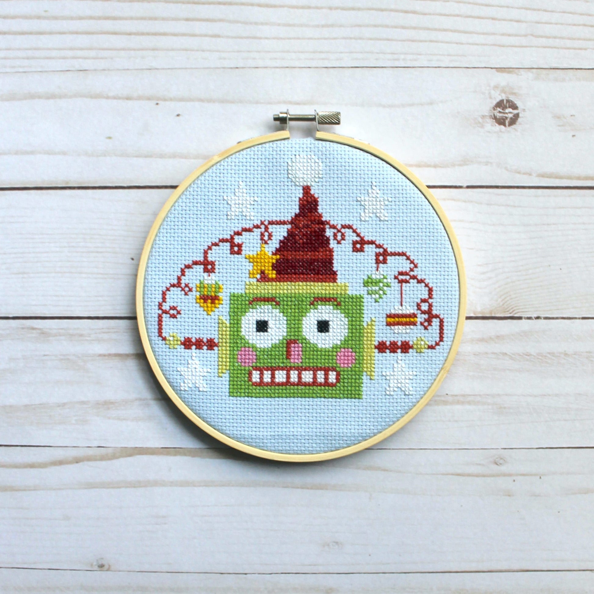 Green Christmasbot by Mary Engelbreit Counted Cross Stitch DIY KIT - Prismatic Fiber Arts