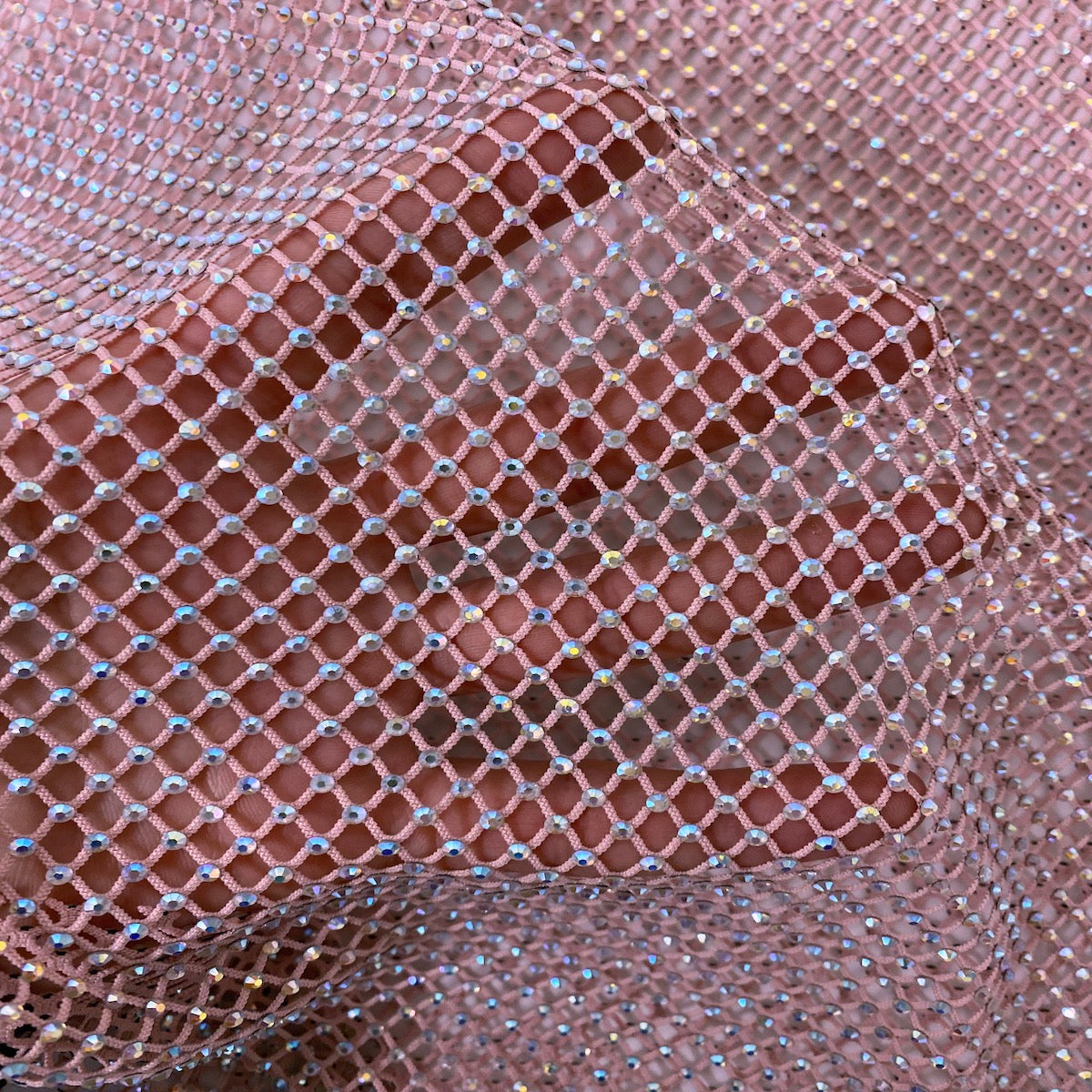 Serene Iridescent Rhinestone Fishnet Lace Fabric - Prismatic Fiber Arts