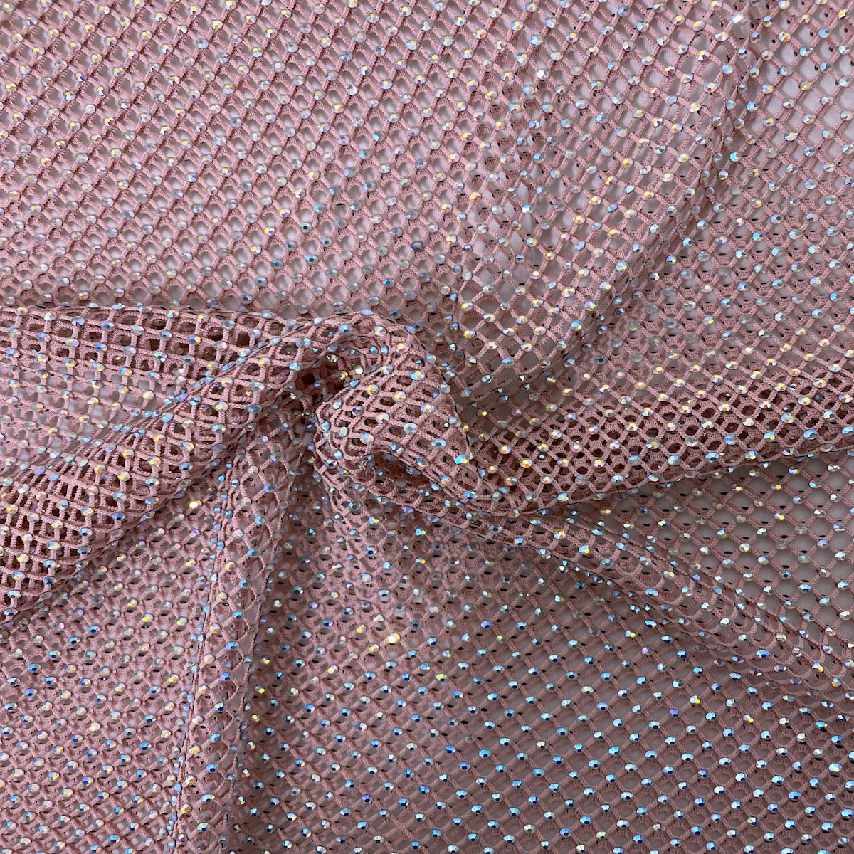 Serene Iridescent Rhinestone Fishnet Lace Fabric - Prismatic Fiber Arts