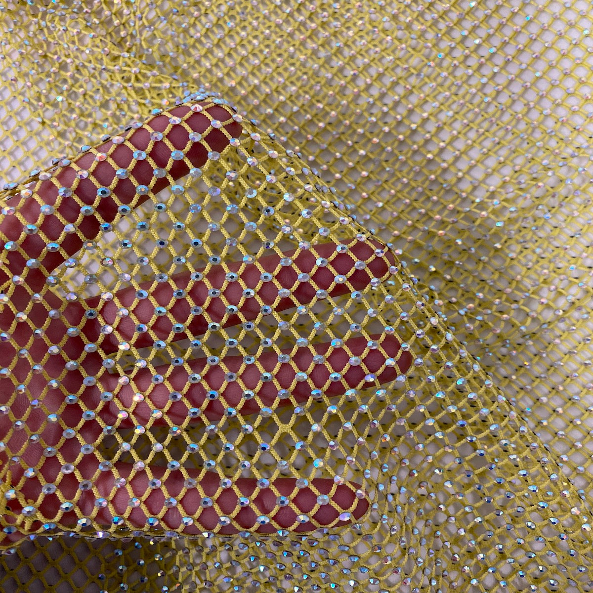 Serene Iridescent Rhinestone Fishnet Lace Fabric - Prismatic Fiber Arts