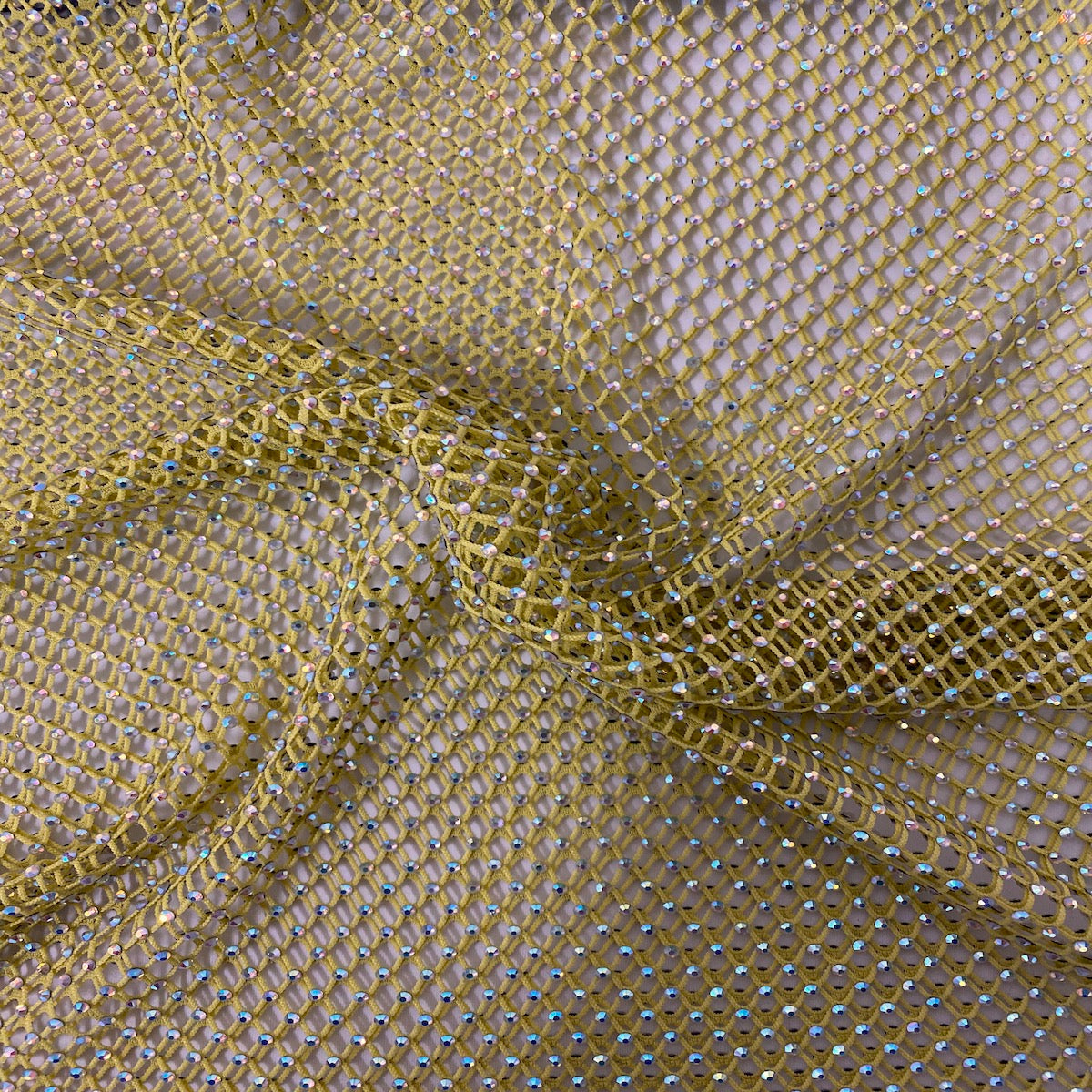 Serene Iridescent Rhinestone Fishnet Lace Fabric - Prismatic Fiber Arts