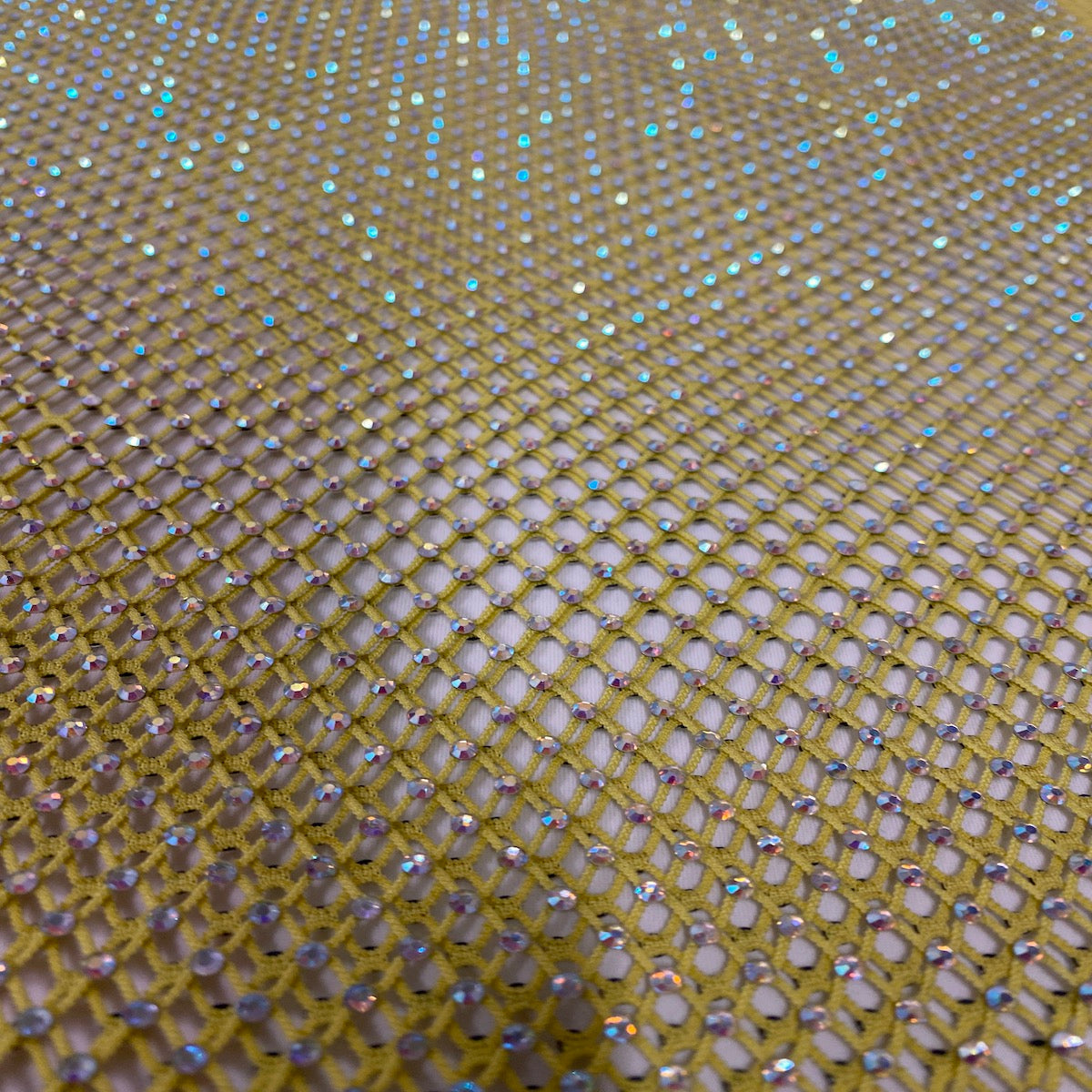 Serene Iridescent Rhinestone Fishnet Lace Fabric - Prismatic Fiber Arts