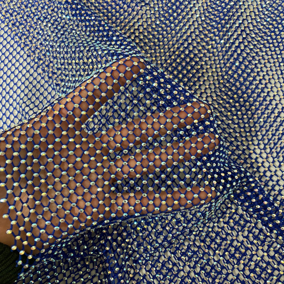 Serene Iridescent Rhinestone Fishnet Lace Fabric - Prismatic Fiber Arts