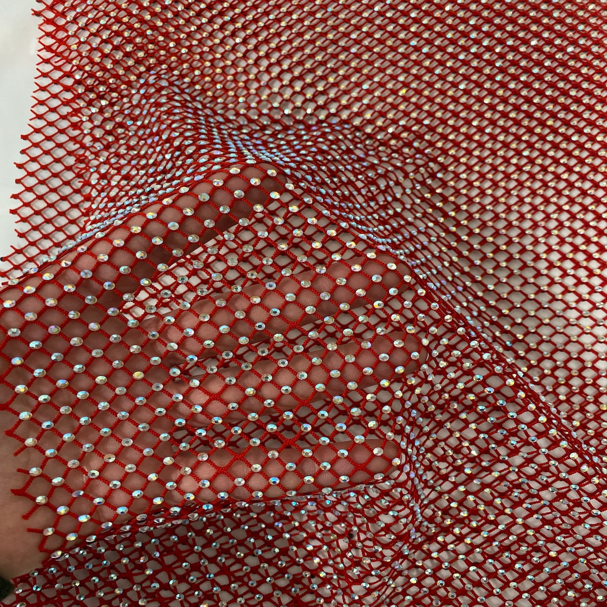 Serene Iridescent Rhinestone Fishnet Lace Fabric - Prismatic Fiber Arts