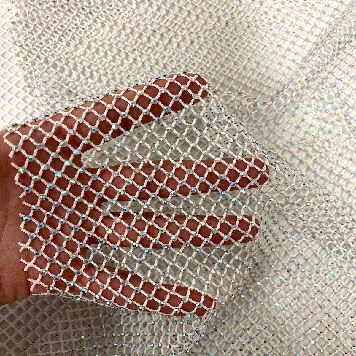 Serene Iridescent Rhinestone Fishnet Lace Fabric - Prismatic Fiber Arts