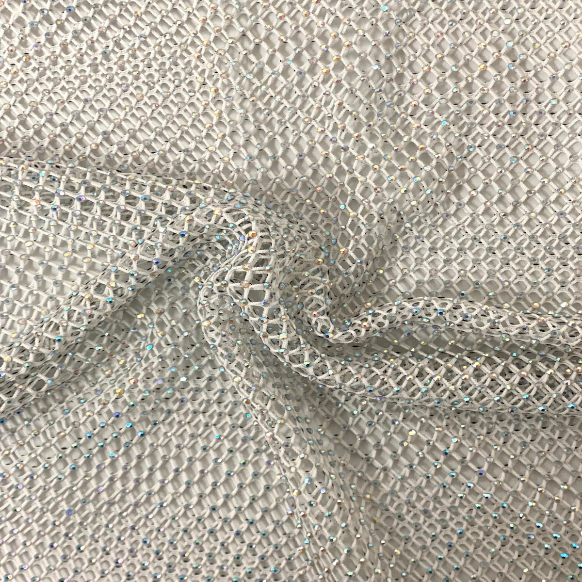 Serene Iridescent Rhinestone Fishnet Lace Fabric - Prismatic Fiber Arts