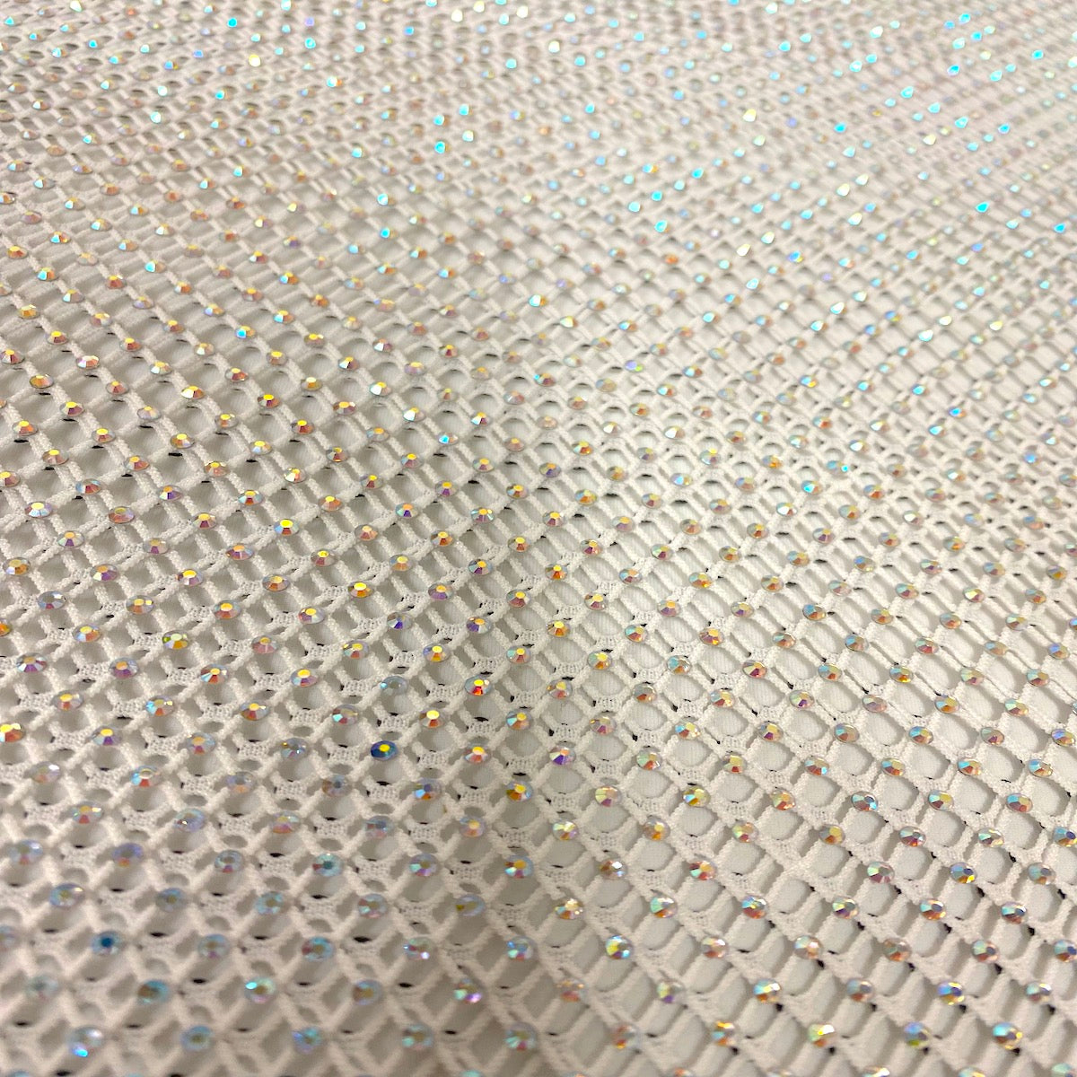Serene Iridescent Rhinestone Fishnet Lace Fabric - Prismatic Fiber Arts