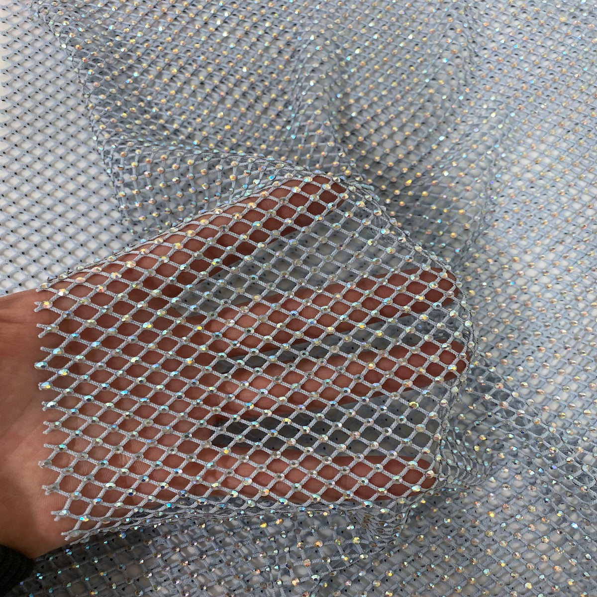 Serene Iridescent Rhinestone Fishnet Lace Fabric - Prismatic Fiber Arts