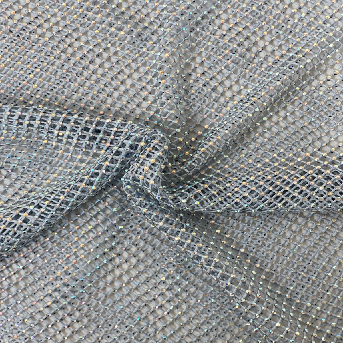 Serene Iridescent Rhinestone Fishnet Lace Fabric - Prismatic Fiber Arts