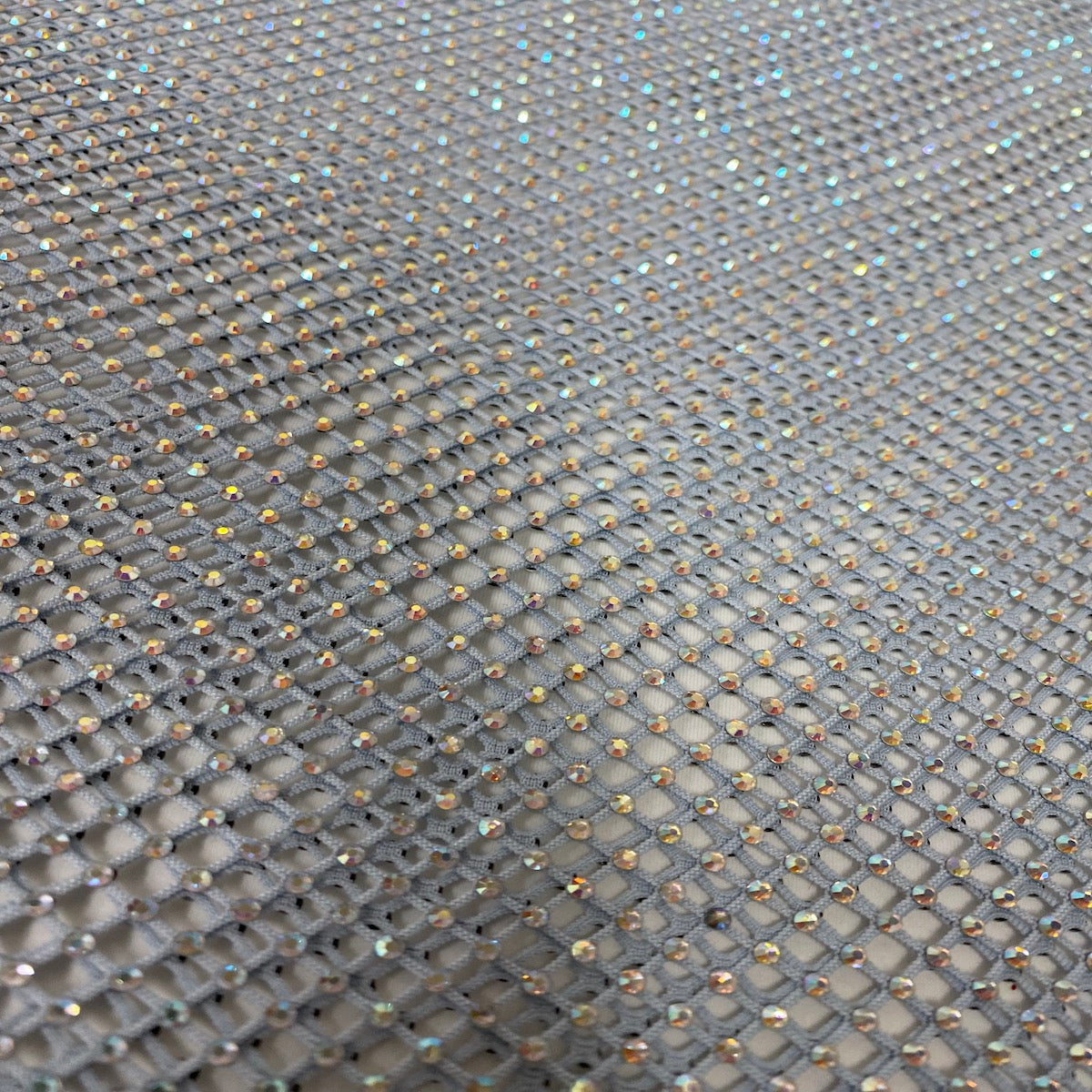 Serene Iridescent Rhinestone Fishnet Lace Fabric - Prismatic Fiber Arts