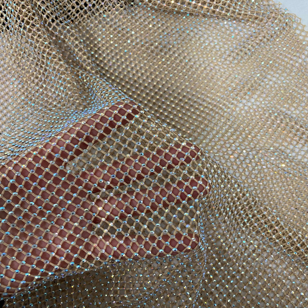 Serene Iridescent Rhinestone Fishnet Lace Fabric - Prismatic Fiber Arts