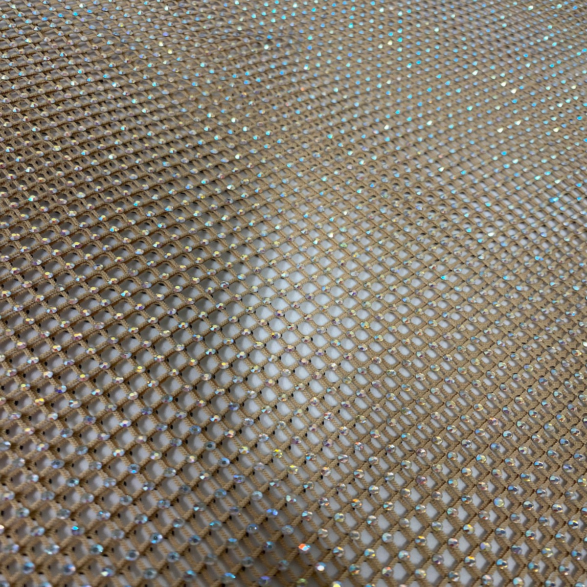 Serene Iridescent Rhinestone Fishnet Lace Fabric - Prismatic Fiber Arts