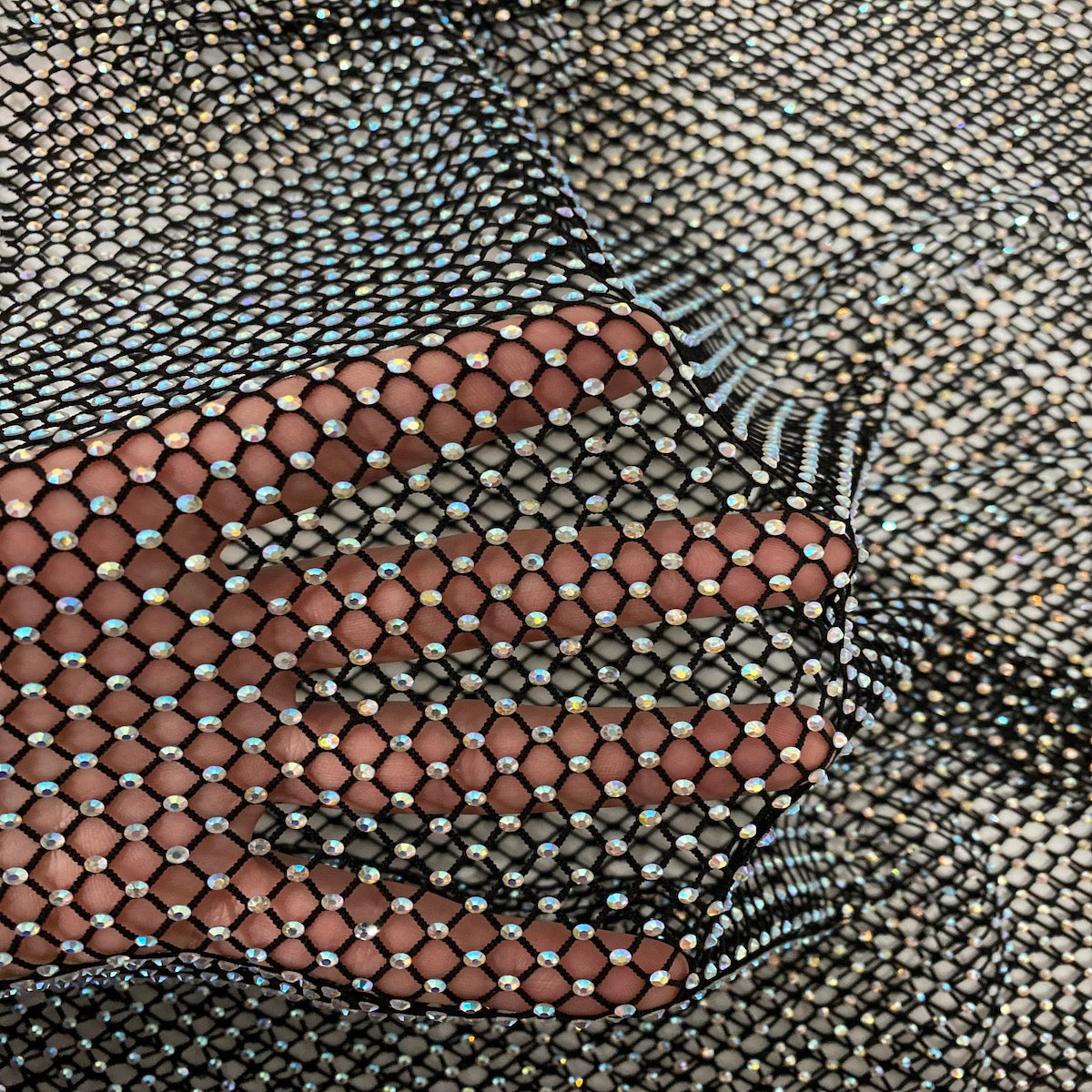 Serene Iridescent Rhinestone Fishnet Lace Fabric - Prismatic Fiber Arts