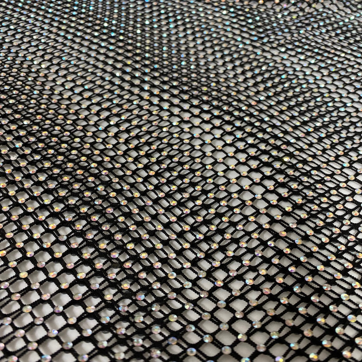 Serene Iridescent Rhinestone Fishnet Lace Fabric - Prismatic Fiber Arts