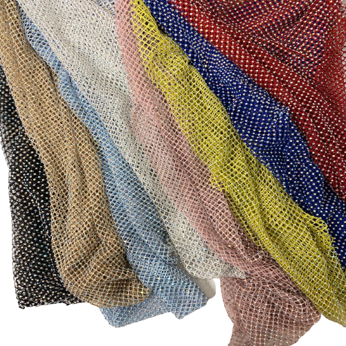 Serene Iridescent Rhinestone Fishnet Lace Fabric - Prismatic Fiber Arts