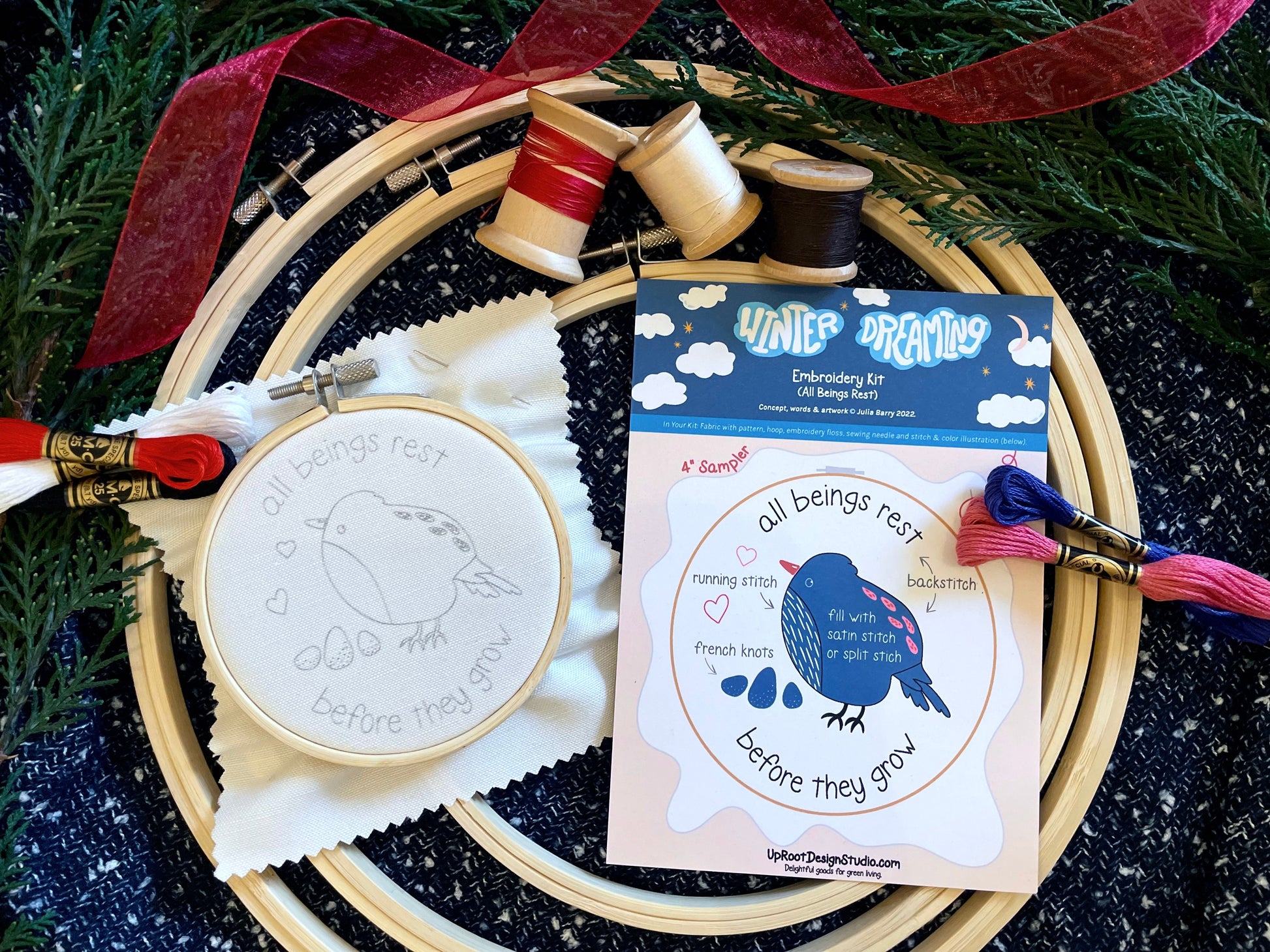 "All Beings Rest" Eco-Embroidery Kit w. Bird Pattern (Joyful Threads Winter Dreaming) - Prismatic Fiber Arts