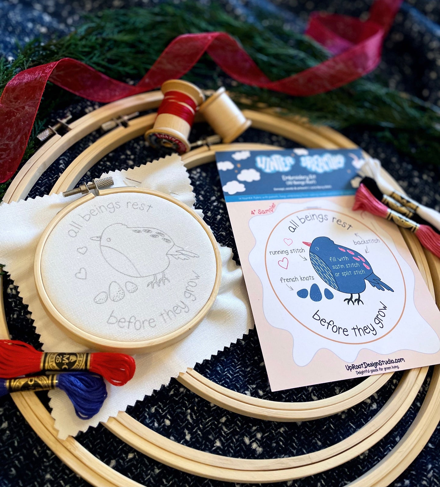 "All Beings Rest" Eco-Embroidery Kit w. Bird Pattern (Joyful Threads Winter Dreaming) - Prismatic Fiber Arts