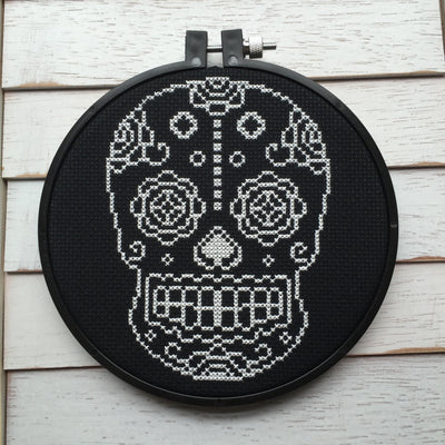 Sugar Skull White and Black Counted Cross Stitch DIY KIT - Prismatic Fiber Arts
