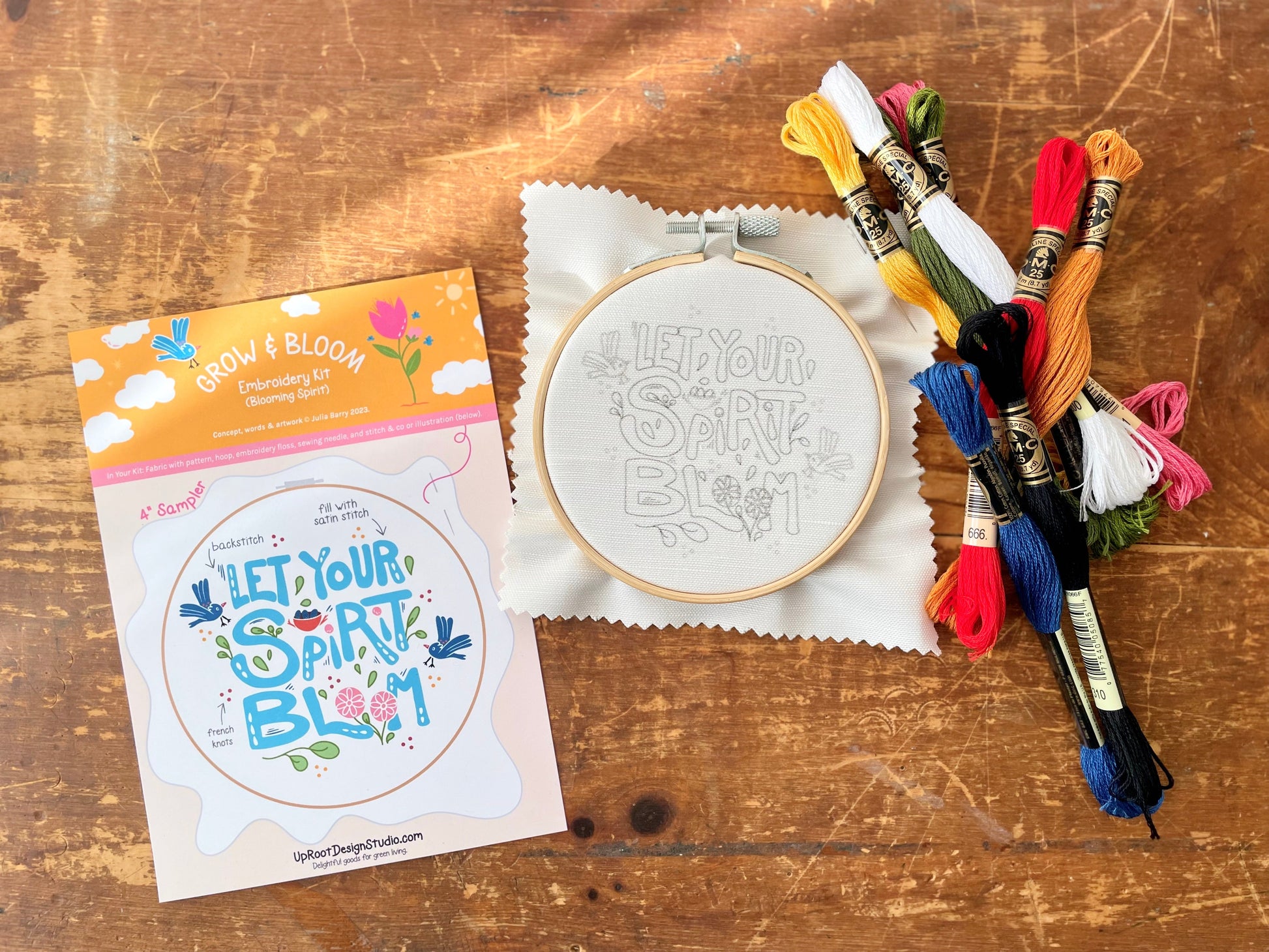 "Let Your Spirit Bloom" Eco-Embroidery Kit w. Birds & Tulips 4" Sampler (Joyful Threads Grow & Bloom) - Prismatic Fiber Arts
