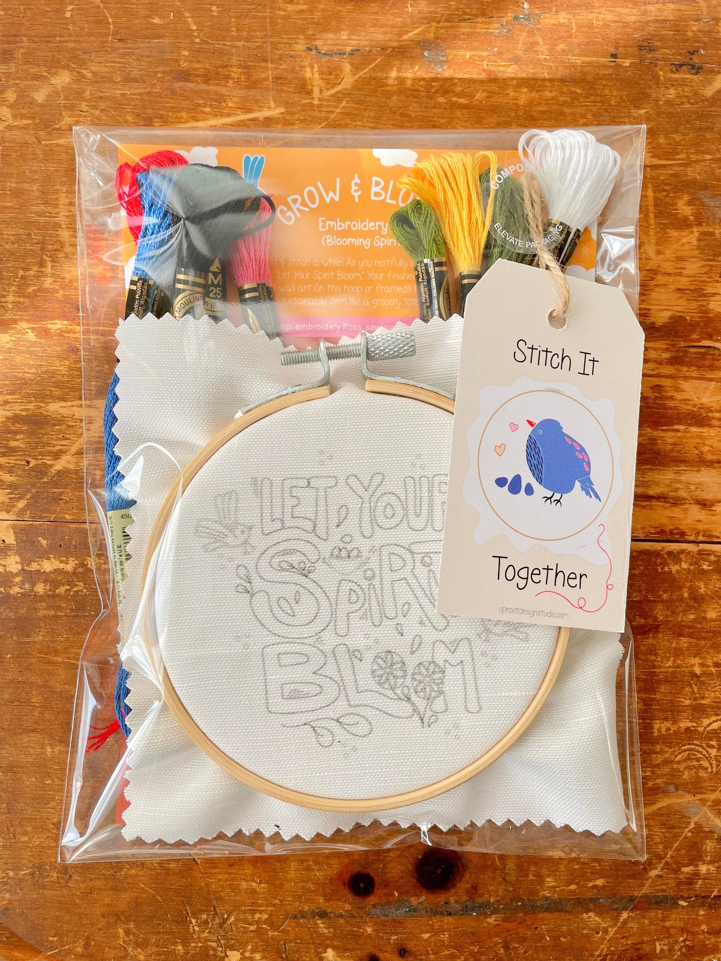 "Let Your Spirit Bloom" Eco-Embroidery Kit w. Birds & Tulips 4" Sampler (Joyful Threads Grow & Bloom) - Prismatic Fiber Arts