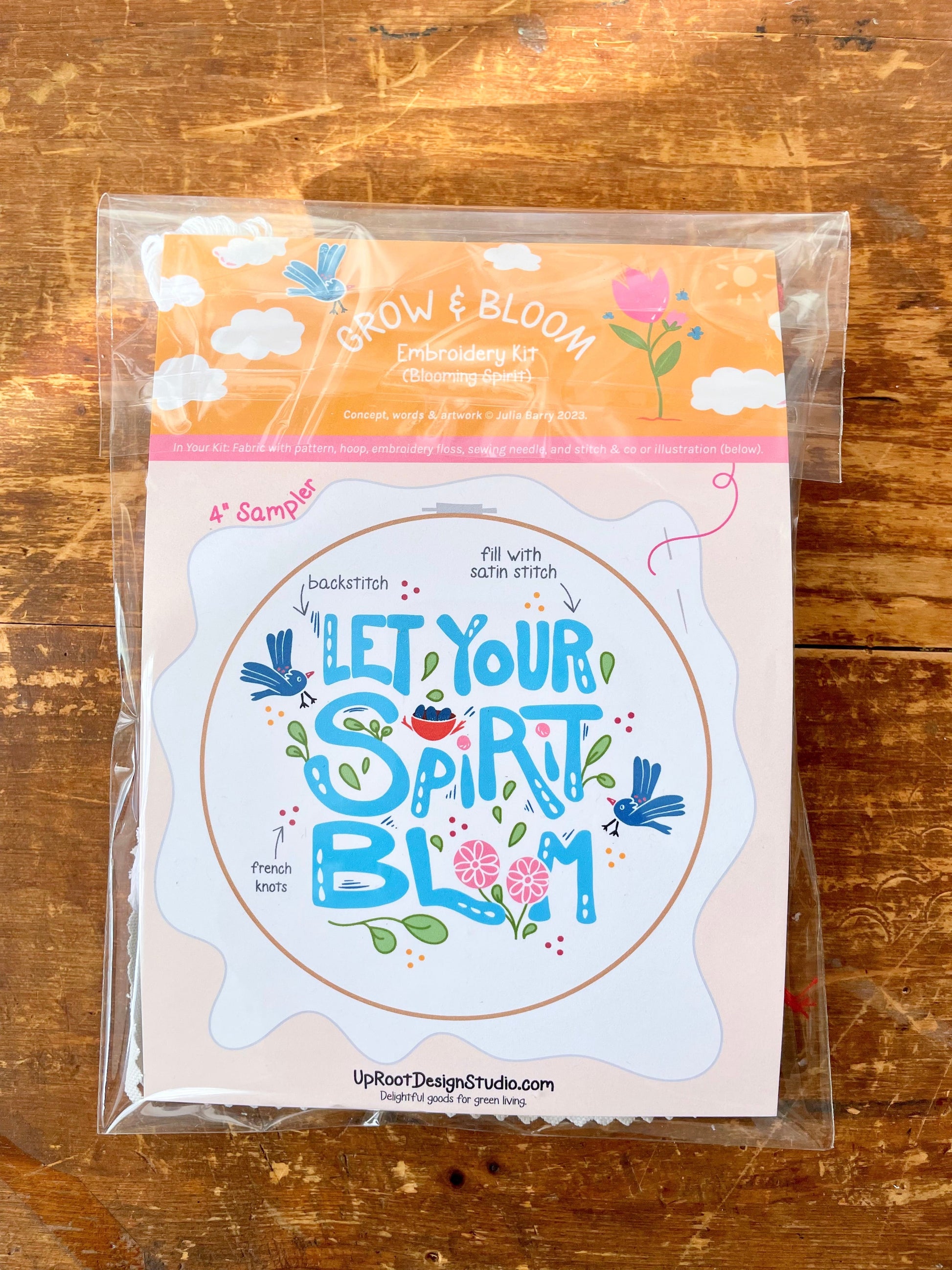 "Let Your Spirit Bloom" Eco-Embroidery Kit w. Birds & Tulips 4" Sampler (Joyful Threads Grow & Bloom) - Prismatic Fiber Arts