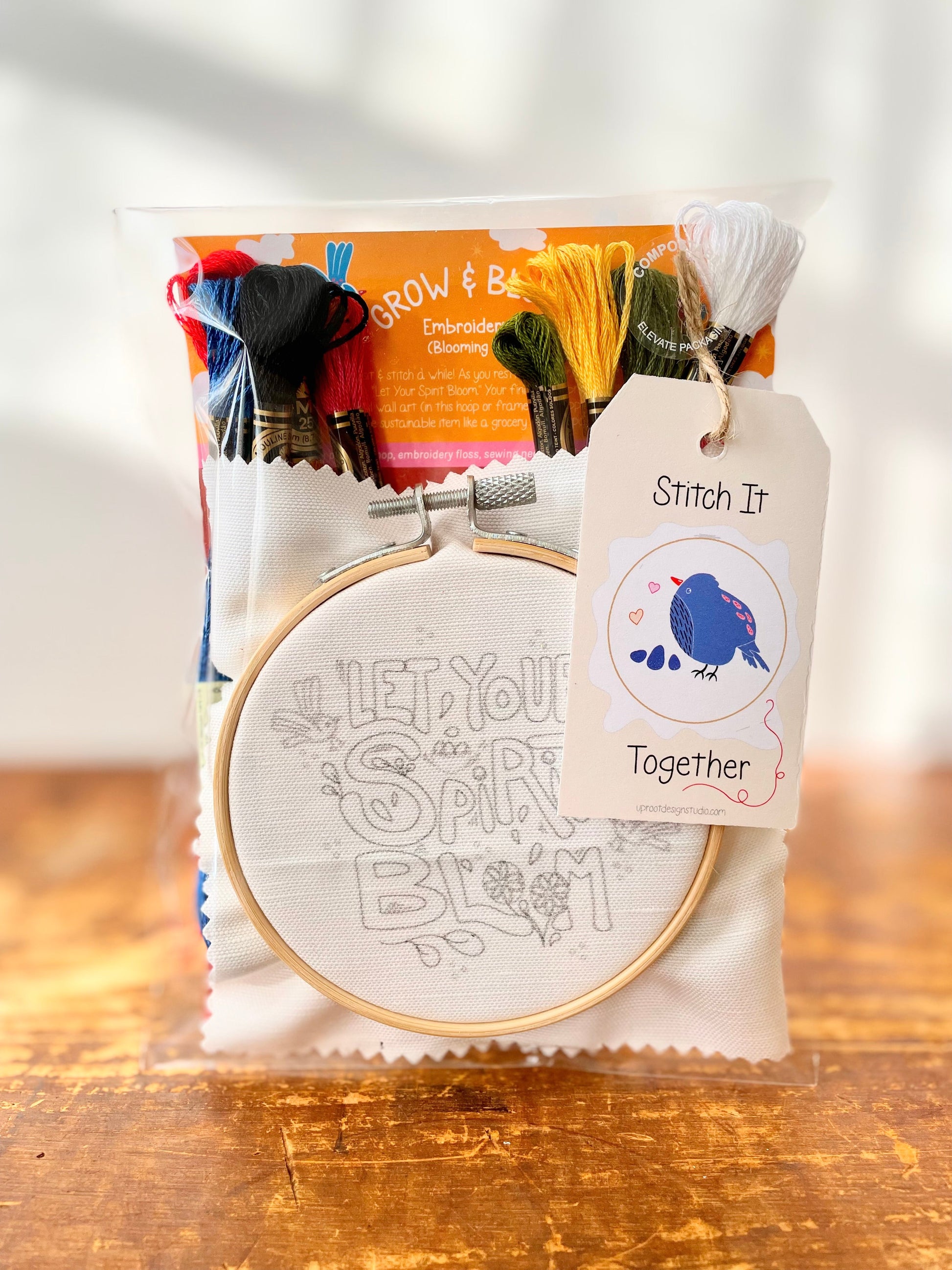 "Let Your Spirit Bloom" Eco-Embroidery Kit w. Birds & Tulips 4" Sampler (Joyful Threads Grow & Bloom) - Prismatic Fiber Arts
