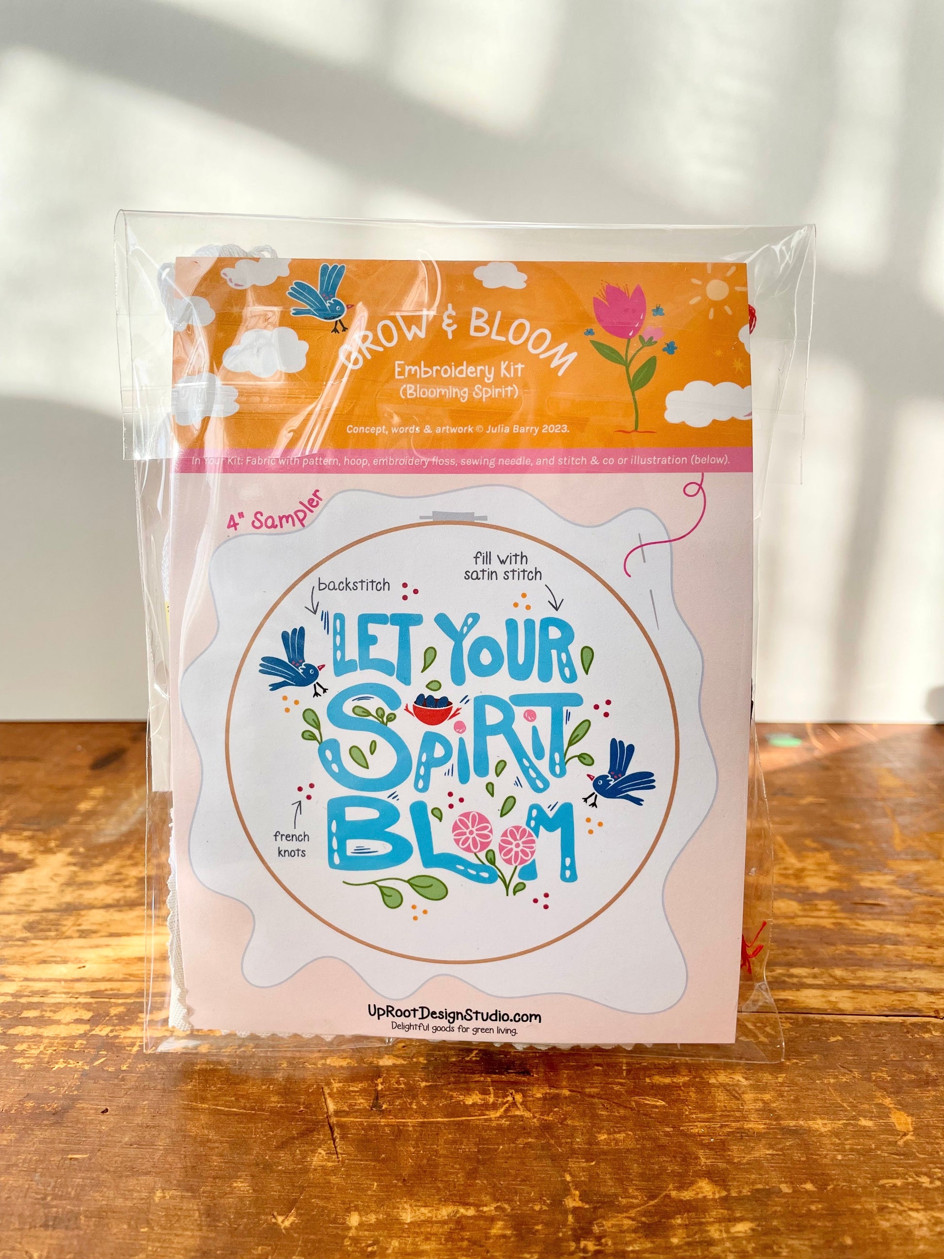 "Let Your Spirit Bloom" Eco-Embroidery Kit w. Birds & Tulips 4" Sampler (Joyful Threads Grow & Bloom) - Prismatic Fiber Arts