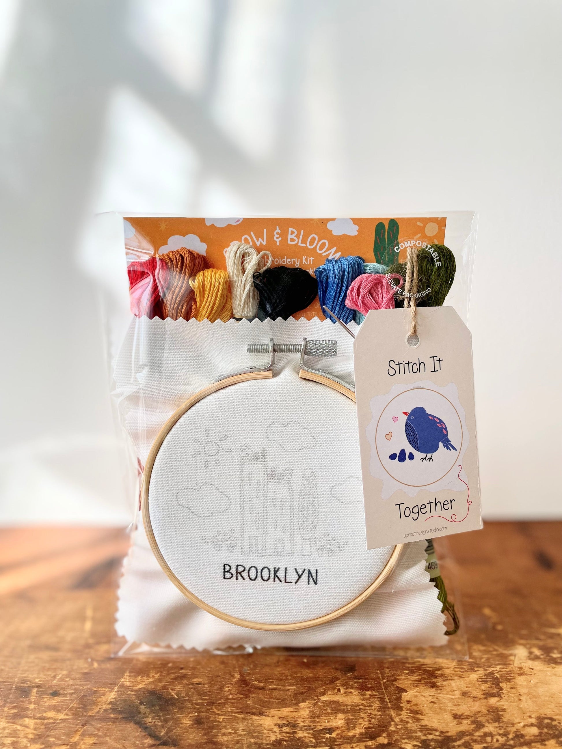 "Brooklyn" Green Cities Eco-Embroidery Kit w. Apartment Gardens, Flowers, Clouds, Tree & Sun 4" Sampler (Joyful Threads Grow & Bloom) - Prismatic Fiber Arts