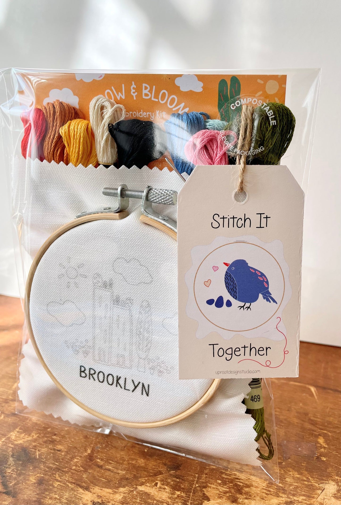 "Brooklyn" Green Cities Eco-Embroidery Kit w. Apartment Gardens, Flowers, Clouds, Tree & Sun 4" Sampler (Joyful Threads Grow & Bloom) - Prismatic Fiber Arts