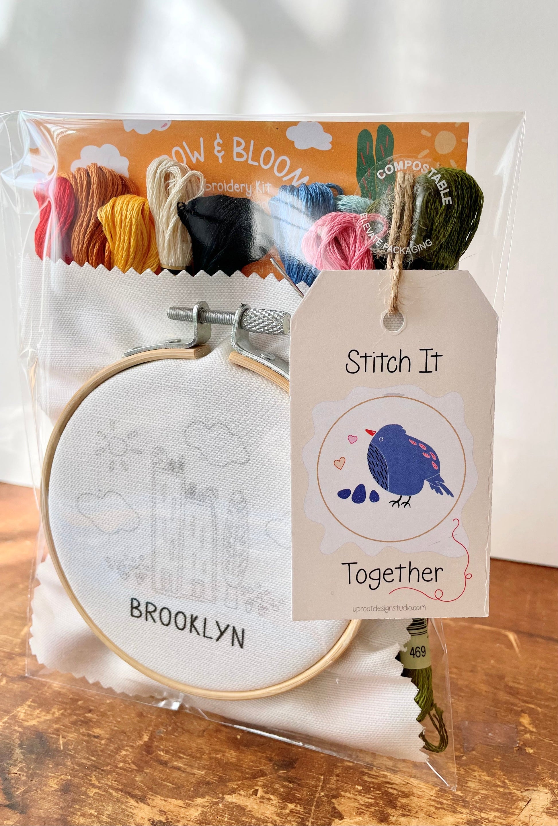 "Brooklyn" Green Cities Eco-Embroidery Kit w. Apartment Gardens, Flowers, Clouds, Tree & Sun 4" Sampler (Joyful Threads Grow & Bloom) - Prismatic Fiber Arts