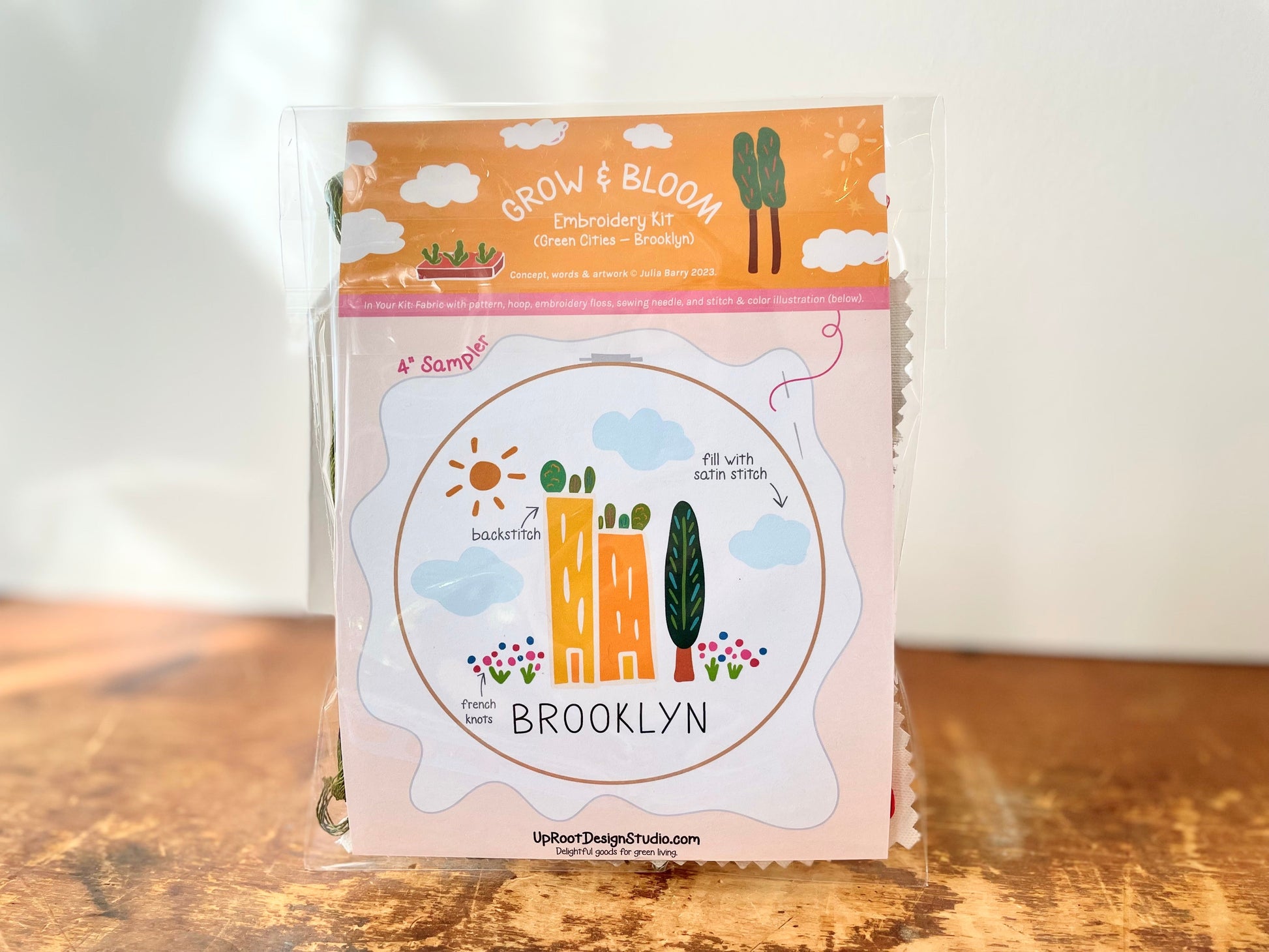 "Brooklyn" Green Cities Eco-Embroidery Kit w. Apartment Gardens, Flowers, Clouds, Tree & Sun 4" Sampler (Joyful Threads Grow & Bloom) - Prismatic Fiber Arts