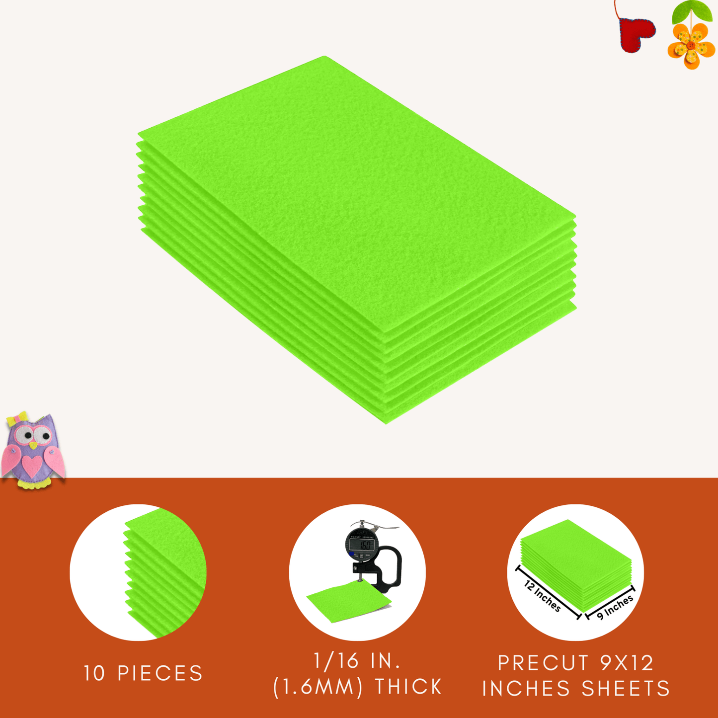 FabricLA Acrylic Felt 9"X12" Sheet Packs | Neon Green - Prismatic Fiber Arts