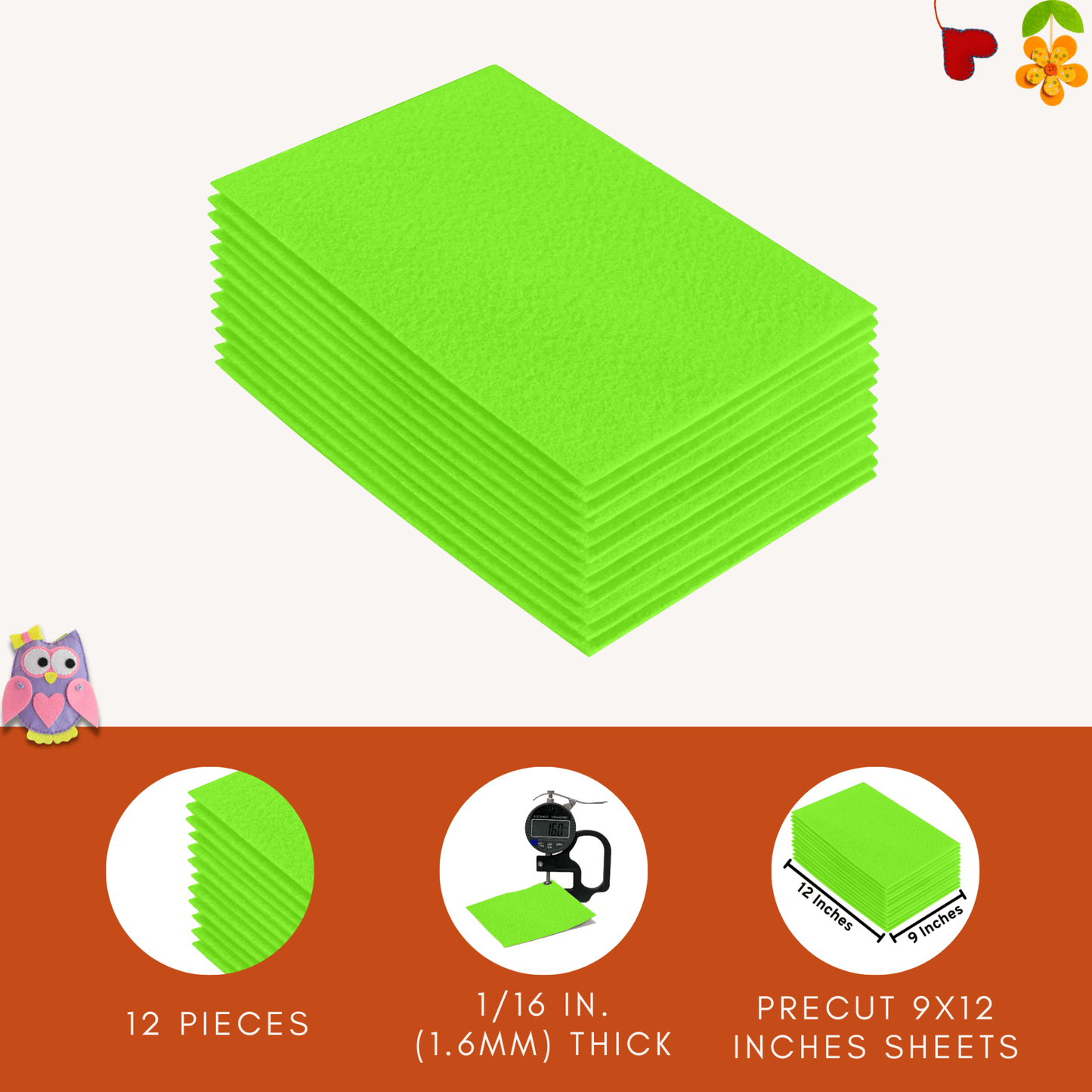 FabricLA Acrylic Felt 9"X12" Sheet Packs | Neon Green - Prismatic Fiber Arts