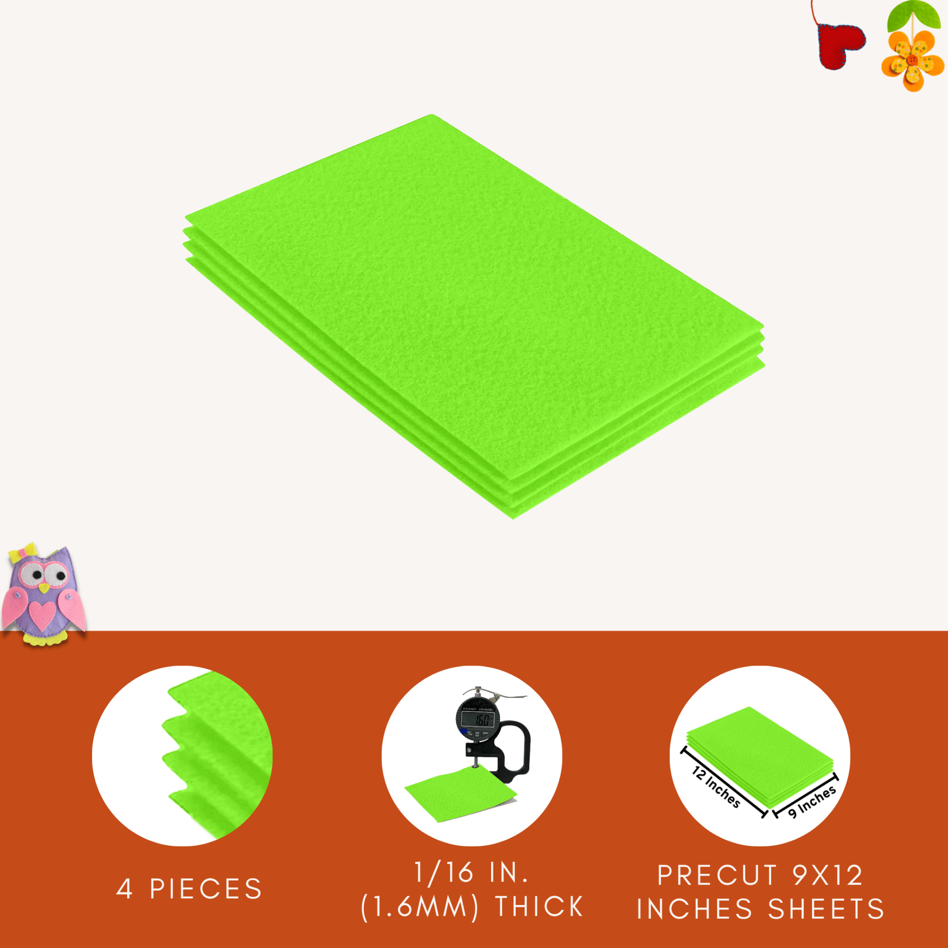 FabricLA Acrylic Felt 9"X12" Sheet Packs | Neon Green - Prismatic Fiber Arts