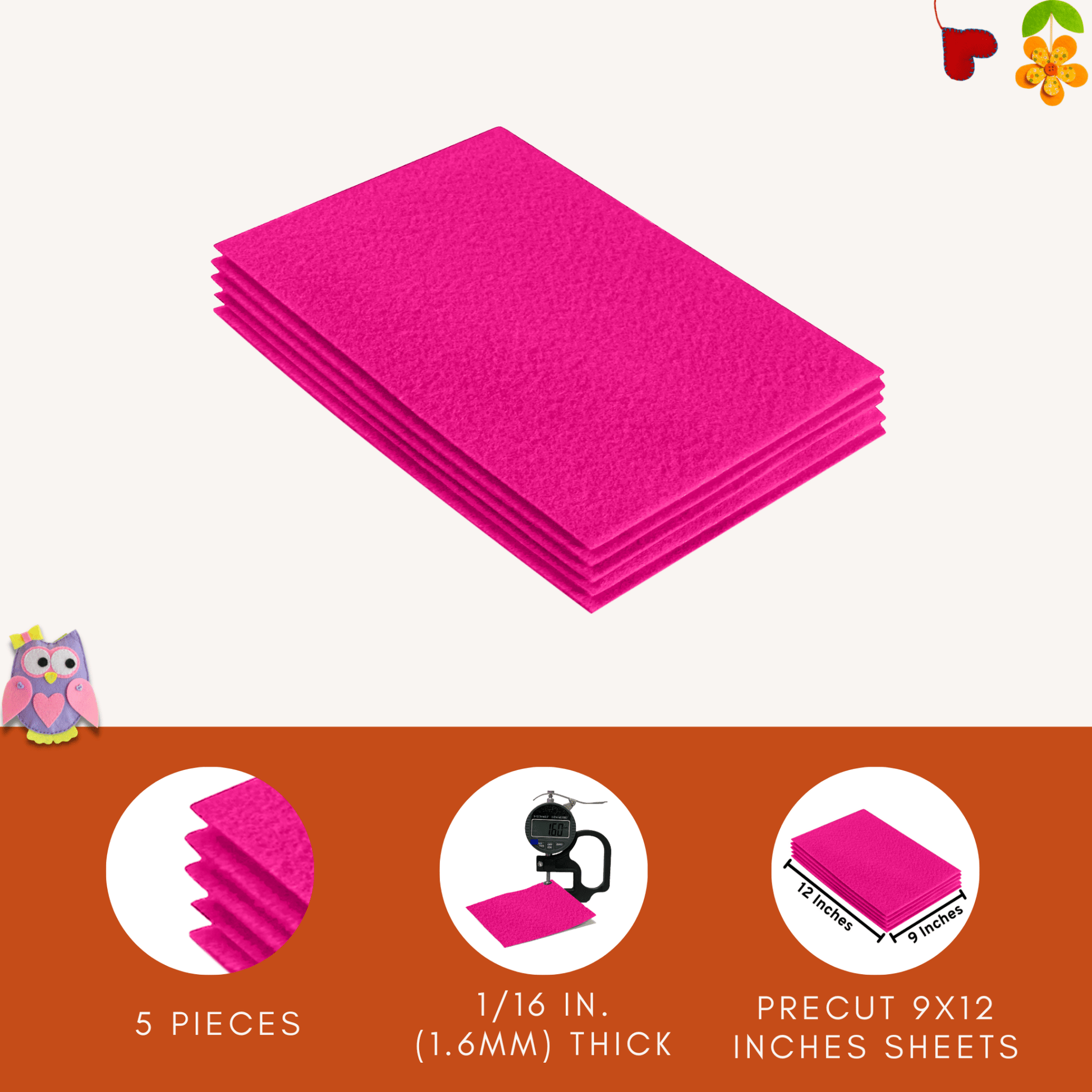 FabricLA Acrylic Felt 9"X12" Sheet Packs | Neon Pink - Prismatic Fiber Arts