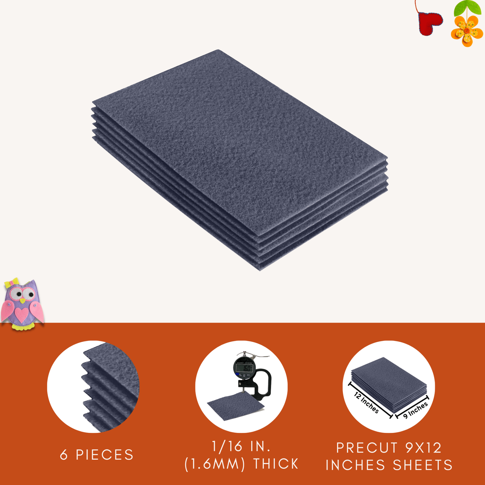 FabricLA Acrylic Felt 9"X12" Sheet Packs | Heather Grey - Prismatic Fiber Arts